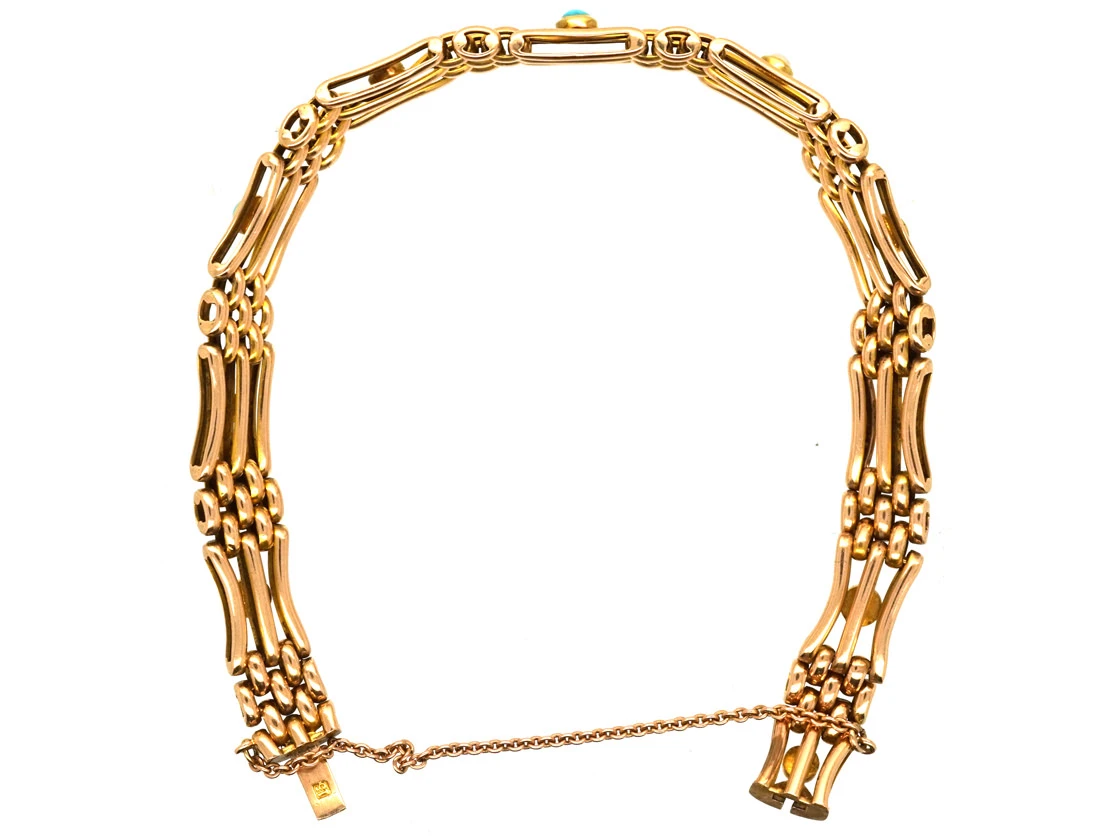 Edwardian 15ct Gold Gate Bracelet Set With Turquoise & Natural Split Pearls 6 Edwardian 15ct Gold Gate Bracelet Set With Turquoise & Natural Split Pearls - Image 4