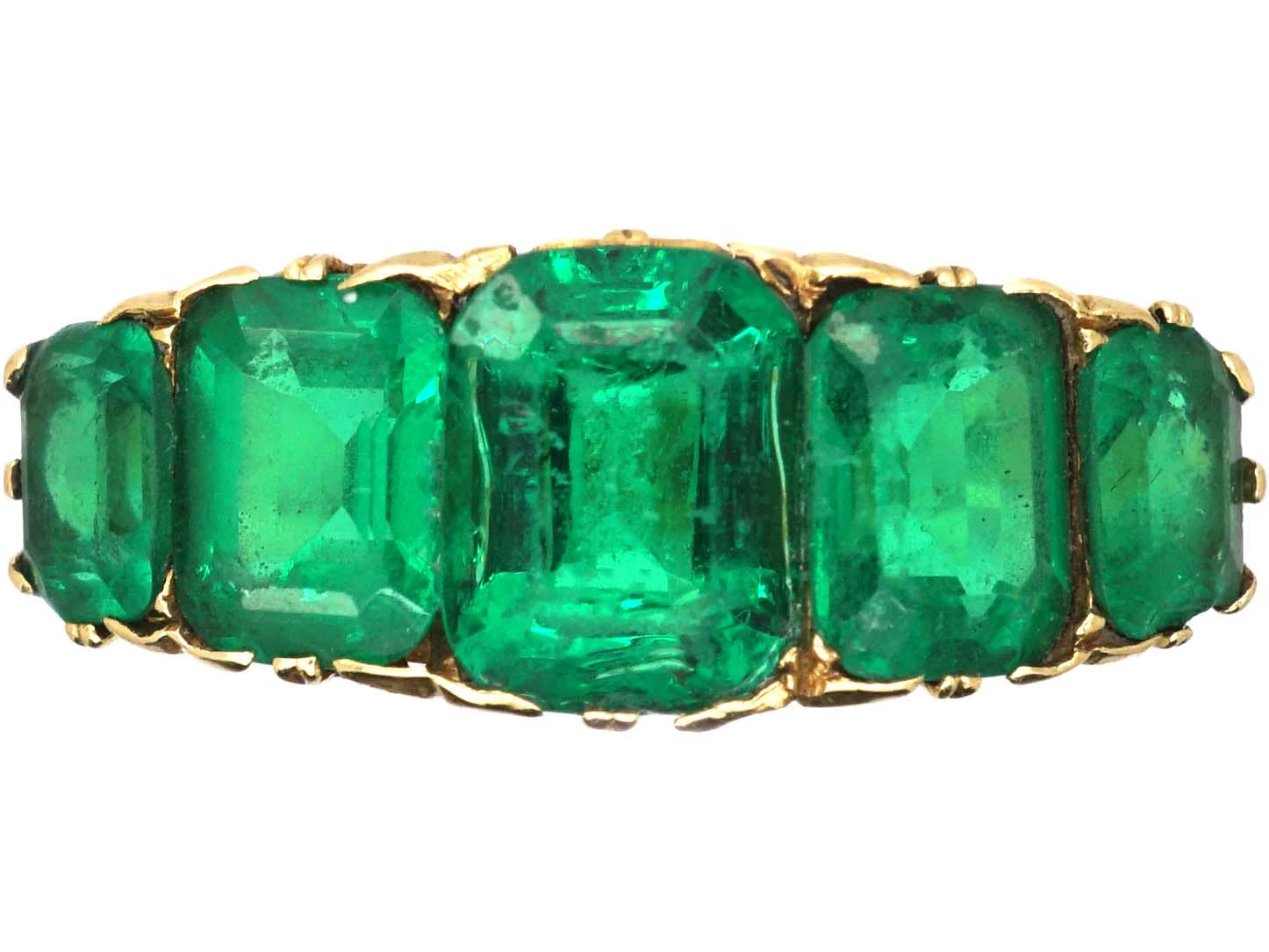 Victorian 18ct Gold & Emerald Paste Five Stone Carved Half Hoop Ring 3 Victorian 18ct Gold & Emerald Paste Five Stone Carved Half Hoop Ring