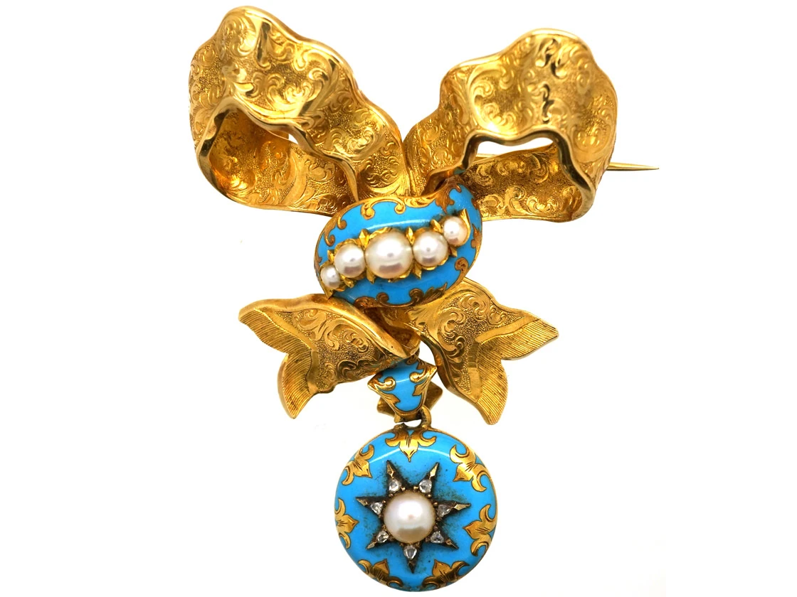 Victorian 15ct Gold, Turquoise Blue Enamel, Natural Split Pearl & Rose Diamond Bow Brooch 3 Victorian 15ct Gold, Turquoise Blue Enamel, Natural Split Pearl & Rose Diamond Bow Brooch