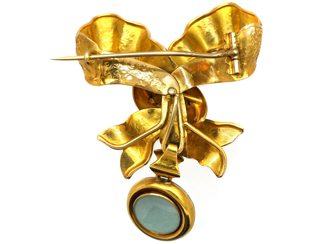 Victorian 15ct Gold, Turquoise Blue Enamel, Natural Split Pearl & Rose Diamond Bow Brooch 8 Victorian 15ct Gold, Turquoise Blue Enamel, Natural Split Pearl & Rose Diamond Bow Brooch - Image 6