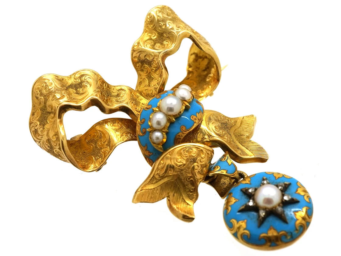 Victorian 15ct Gold, Turquoise Blue Enamel, Natural Split Pearl & Rose Diamond Bow Brooch 4 Victorian 15ct Gold, Turquoise Blue Enamel, Natural Split Pearl & Rose Diamond Bow Brooch - Image 2