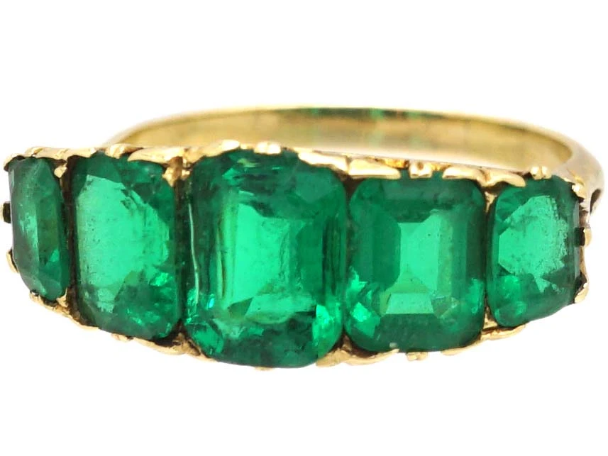 Victorian 18ct Gold & Emerald Paste Five Stone Carved Half Hoop Ring 8 Victorian 18ct Gold & Emerald Paste Five Stone Carved Half Hoop Ring - Image 6