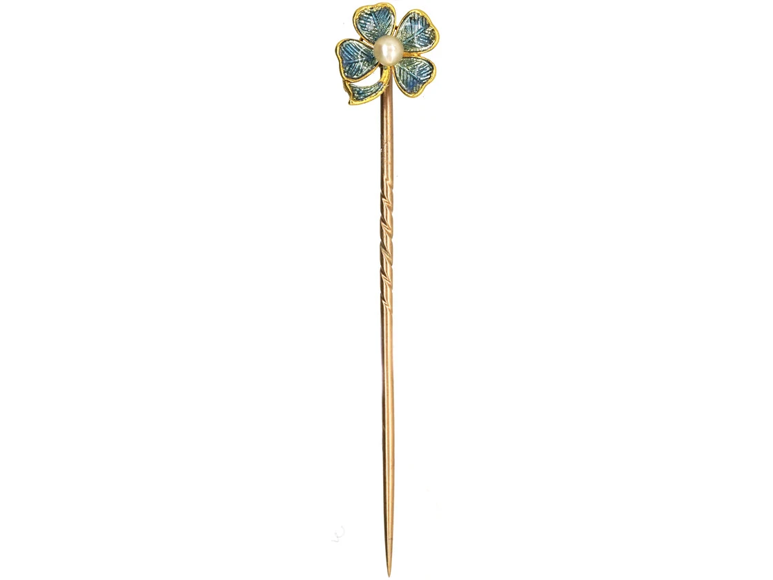 Edwardian 15ct Gold & Enamel Four Leaf Clover Tie Pin 4 Edwardian 15ct Gold & Enamel Four Leaf Clover Tie Pin - Image 2