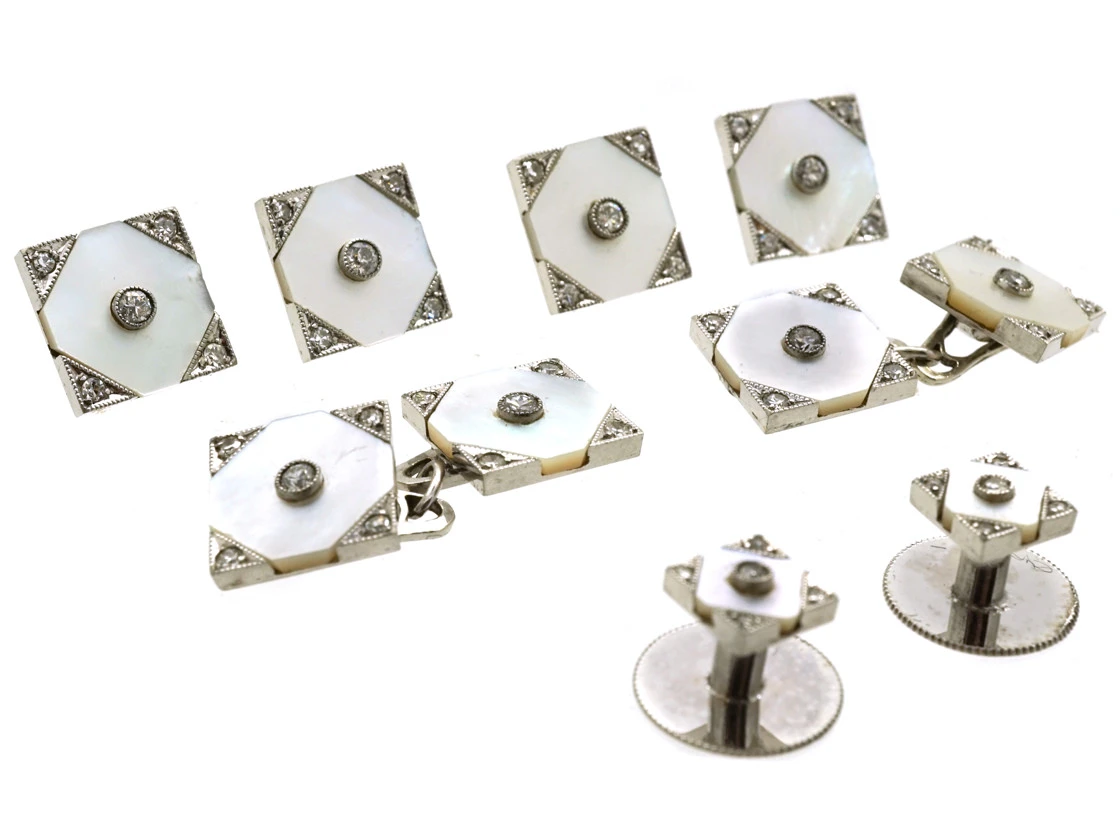 Art Deco 18ct White Gold , Mother Of Pearl & Diamond Dress Set In Original Case 4 Art Deco 18ct White Gold , Mother Of Pearl & Diamond Dress Set In Original Case - Image 2