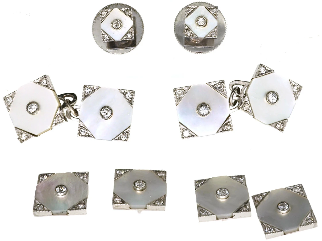 Art Deco 18ct White Gold , Mother Of Pearl & Diamond Dress Set In Original Case 3 Art Deco 18ct White Gold , Mother Of Pearl & Diamond Dress Set In Original Case