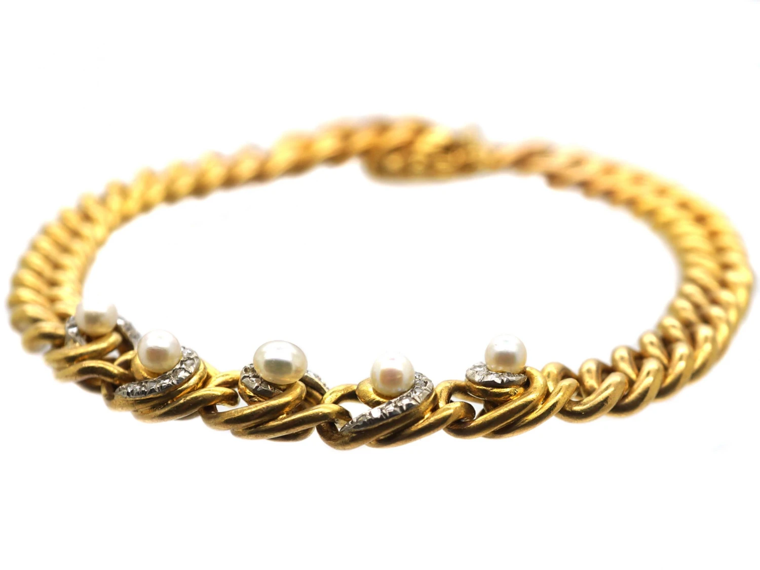 Edwardian 18ct Gold, Rose Diamond & Natural Pearl Bracelet 4 Edwardian 18ct Gold, Rose Diamond & Natural Pearl Bracelet - Image 2