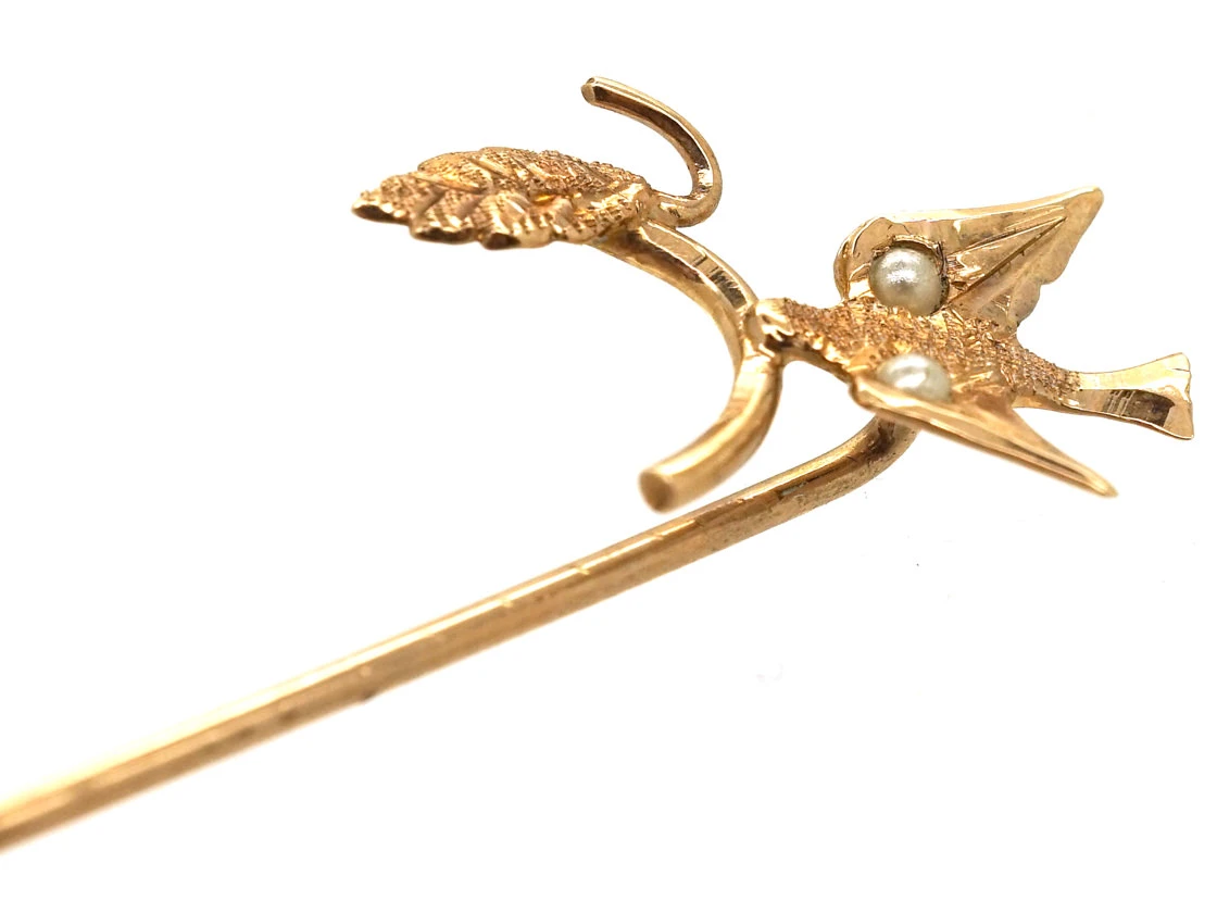 Edwardian 9ct Gold Swallow & Sprig Tie Pin 5 Edwardian 9ct Gold Swallow & Sprig Tie Pin - Image 3
