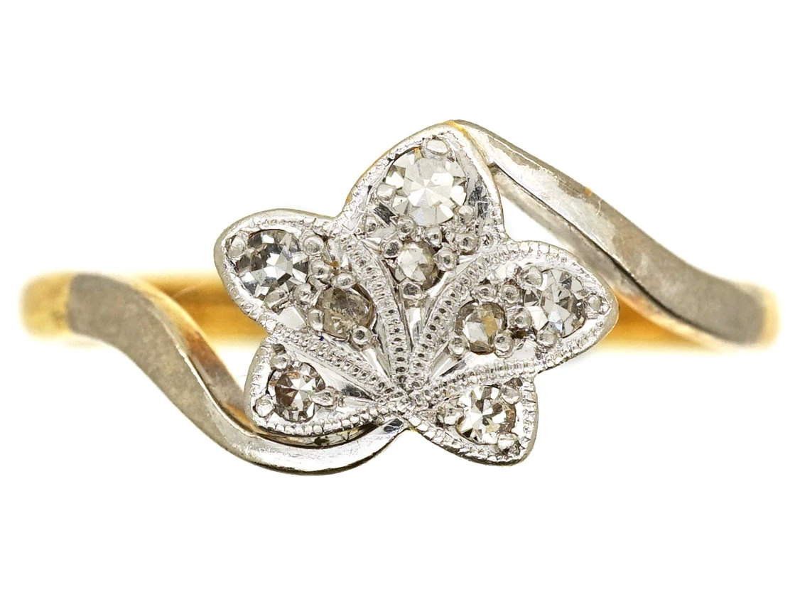 Edwardian 18ct Gold & Platinum Diamond Set Ivy Leaf Ring 3 Edwardian 18ct Gold & Platinum Diamond Set Ivy Leaf Ring