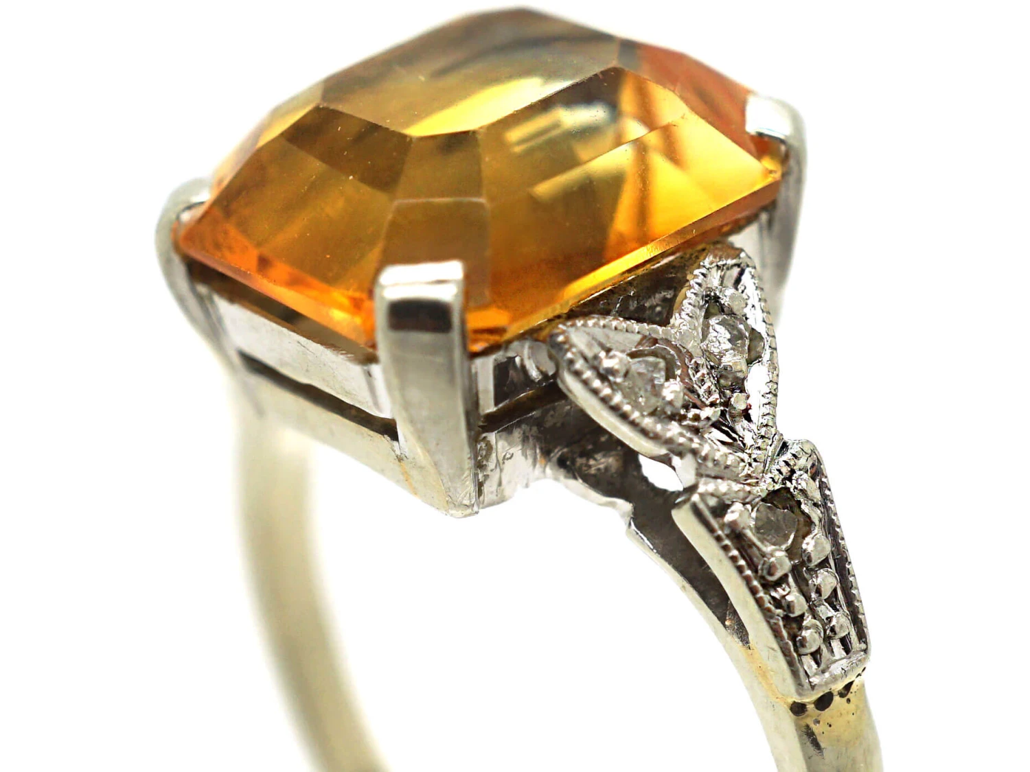 Art Deco 18ct White Gold & Platinum, Madeira Citrine & Diamond Ring 4 Art Deco 18ct White Gold & Platinum, Madeira Citrine & Diamond Ring - Image 2