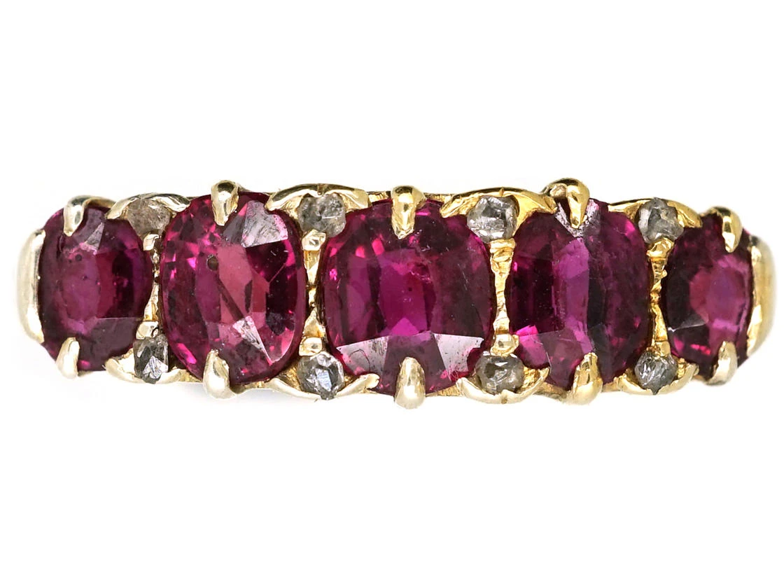 Victorian 18ct Gold Five Stone Ruby Carved Half Hoop Ring 3 Victorian 18ct Gold Five Stone Ruby Carved Half Hoop Ring