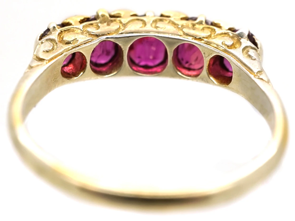 Victorian 18ct Gold Five Stone Ruby Carved Half Hoop Ring 9 Victorian 18ct Gold Five Stone Ruby Carved Half Hoop Ring - Image 7