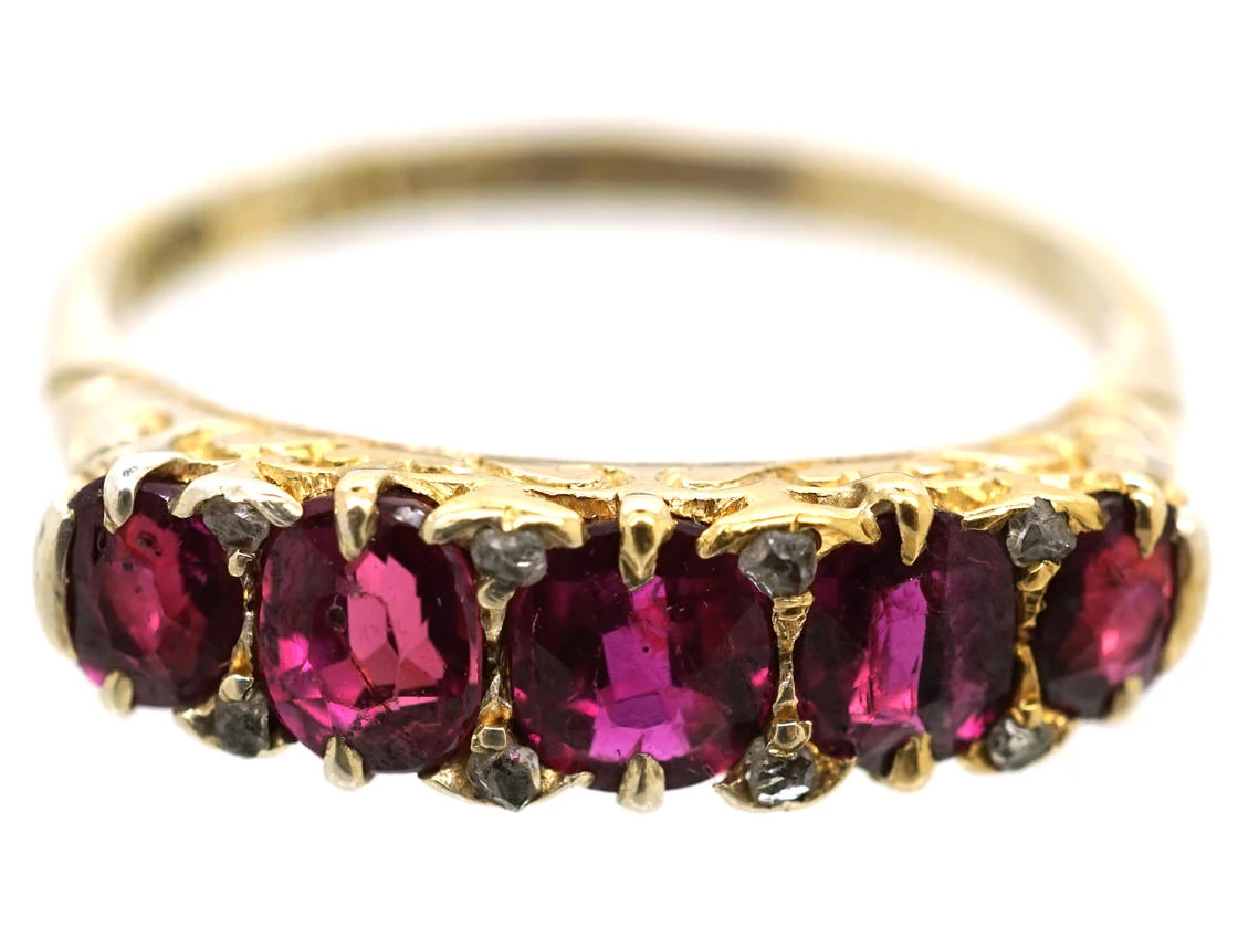 Victorian 18ct Gold Five Stone Ruby Carved Half Hoop Ring 5 Victorian 18ct Gold Five Stone Ruby Carved Half Hoop Ring - Image 3