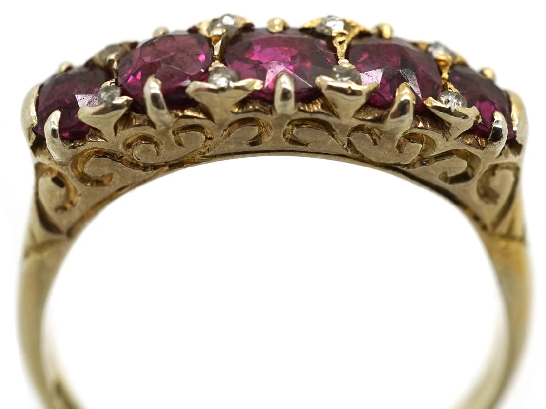 Victorian 18ct Gold Five Stone Ruby Carved Half Hoop Ring 6 Victorian 18ct Gold Five Stone Ruby Carved Half Hoop Ring - Image 4