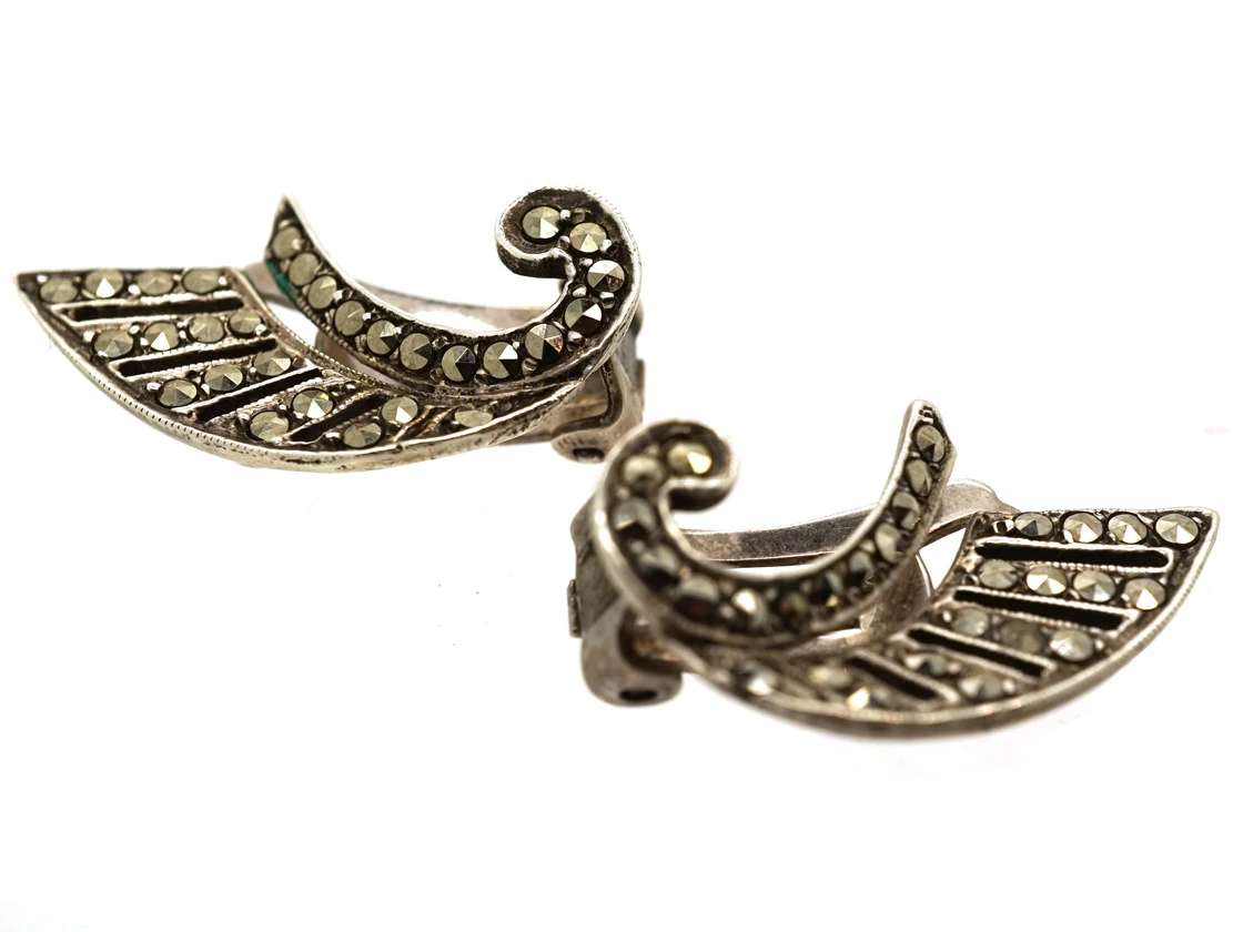 Art Deco Silver Clip On Wing Earrings 4 Art Deco Silver Clip On Wing Earrings - Image 2