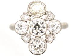 Edwardian Platinum Diamond Cluster Ring With Heart Shaped Motifs