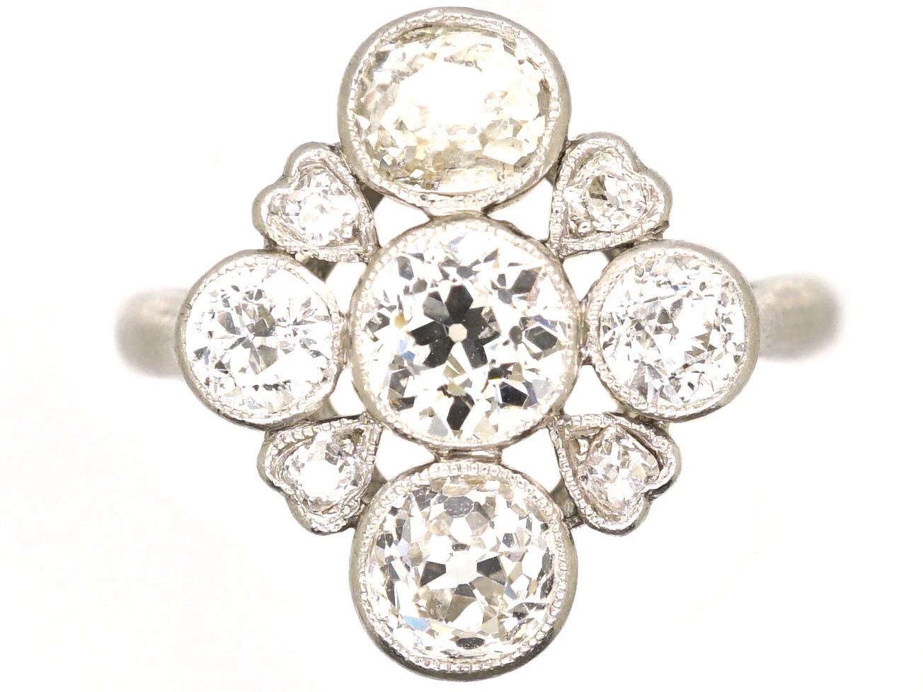 Edwardian Platinum Diamond Cluster Ring With Heart Shaped Motifs 3 Edwardian Platinum Diamond Cluster Ring With Heart Shaped Motifs