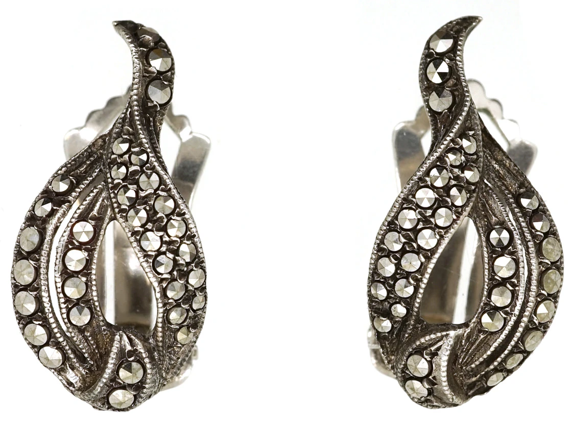 Art Deco Silver & Marcasite Cross Over Clip On Earrings 3 Art Deco Silver & Marcasite Cross Over Clip On Earrings