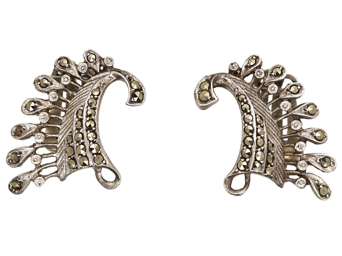Art Deco Silver & Marcasite Clip On Wing Earrings 3 Art Deco Silver & Marcasite Clip On Wing Earrings