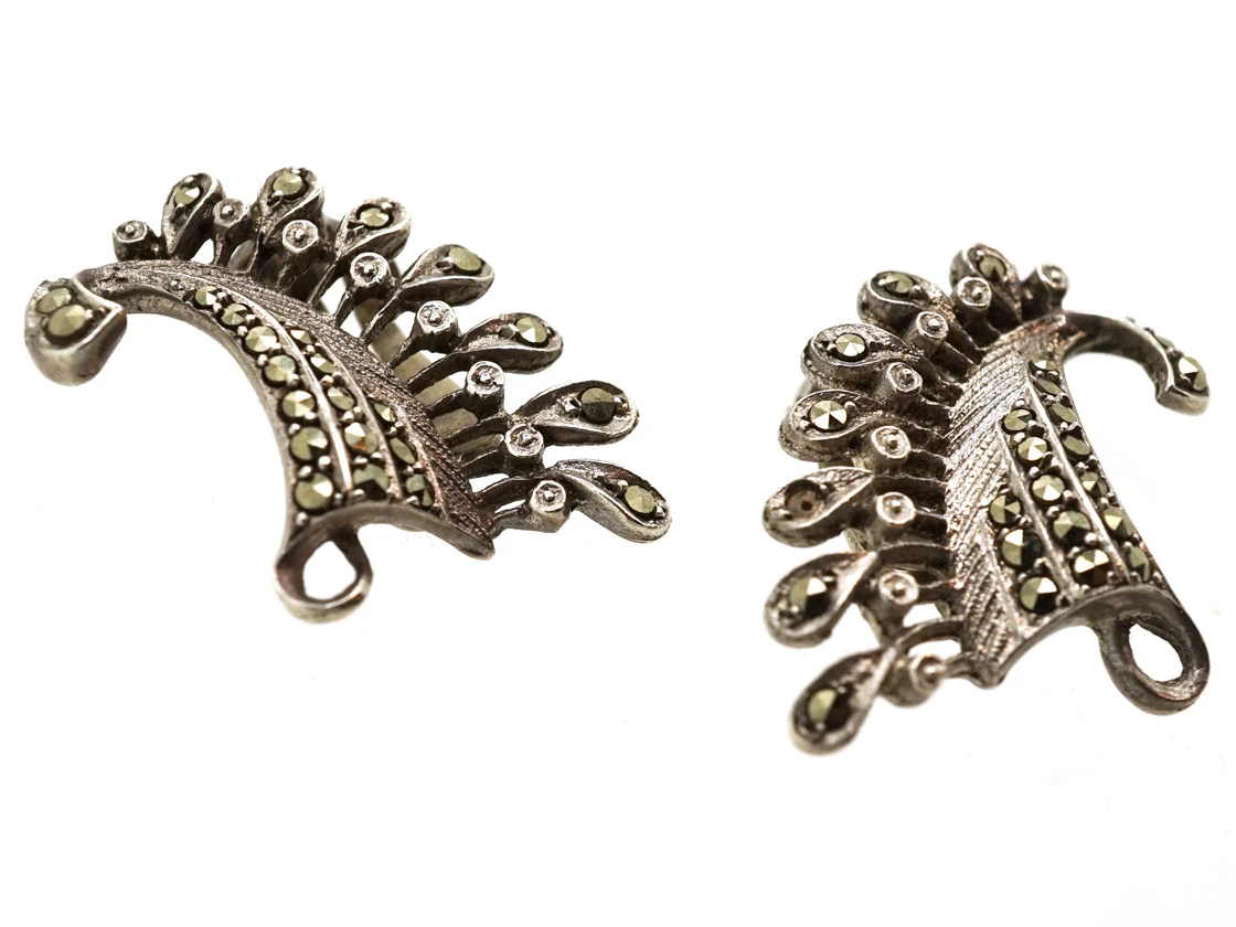 Art Deco Silver & Marcasite Clip On Wing Earrings 4 Art Deco Silver & Marcasite Clip On Wing Earrings - Image 2
