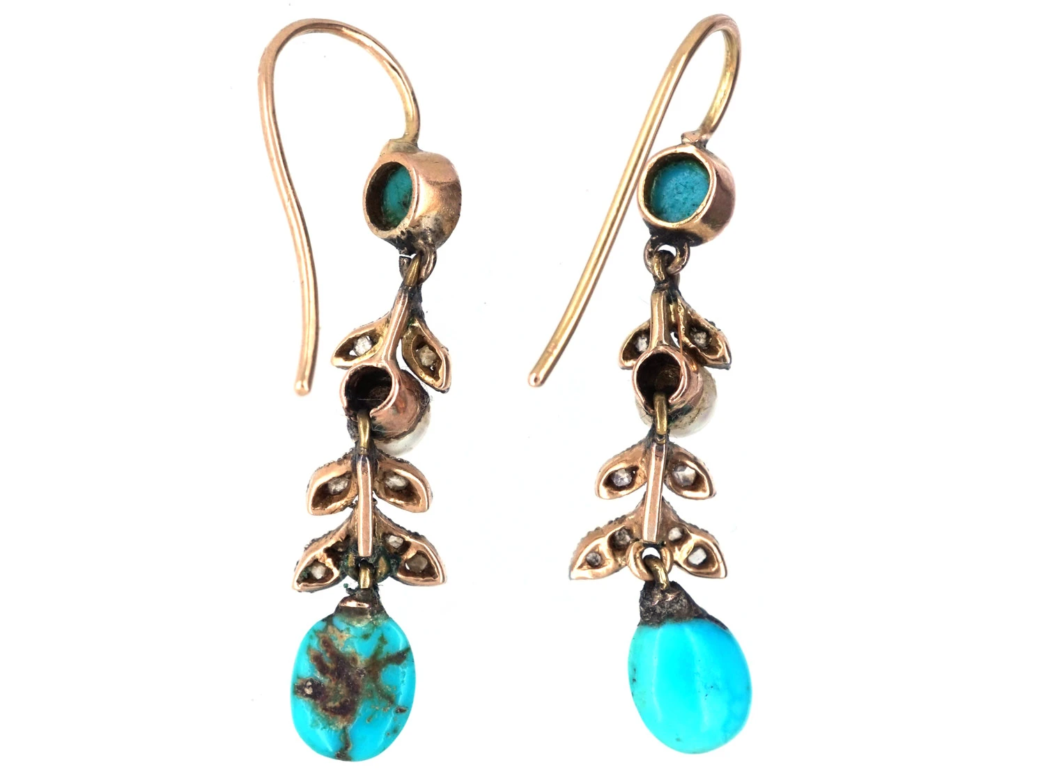 Edwardian Turquoise, Natural Pearl & Rose Diamond Drop Earrings 5 Edwardian Turquoise, Natural Pearl & Rose Diamond Drop Earrings - Image 3