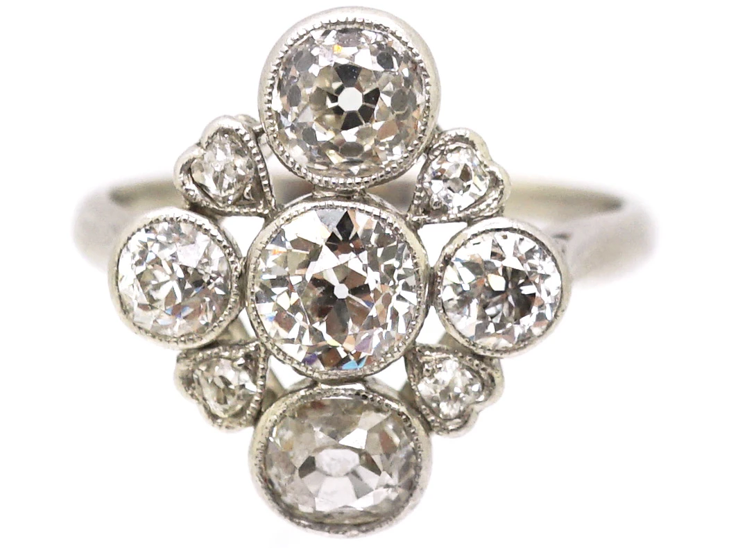 Edwardian Platinum Diamond Cluster Ring With Heart Shaped Motifs 8 Edwardian Platinum Diamond Cluster Ring With Heart Shaped Motifs - Image 6