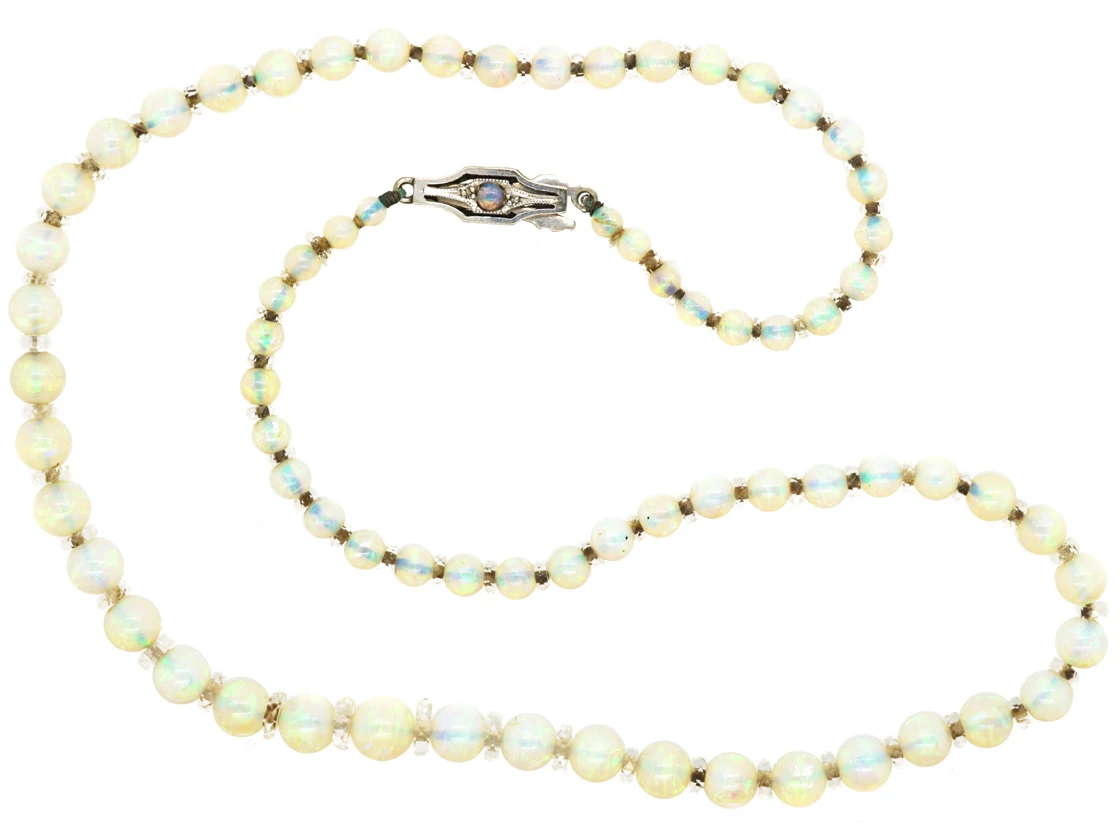Edwardian Graduated Opal Bead Necklace With 9ct White Gold Clasp 3 Edwardian Graduated Opal Bead Necklace With 9ct White Gold Clasp