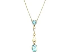 Edwardian 15ct Gold, Aquamarine & Natural Split Pearl Pendant On 15ct Gold Chain
