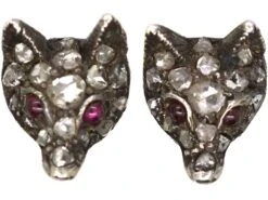 Edwardian Fox Head Earrings Set With Rose Diamonds With Cabochon Ruby Eyes