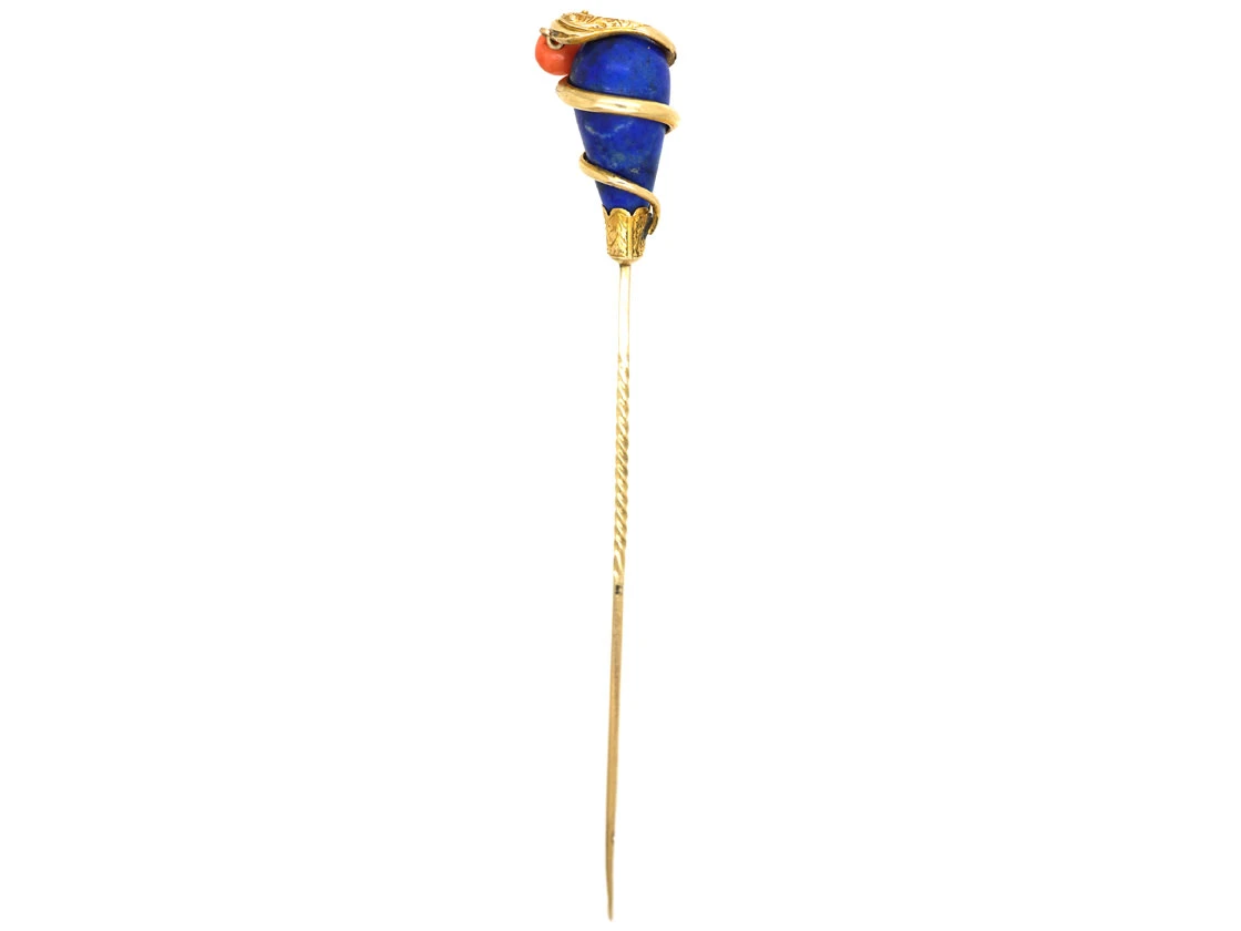 Victorian 18ct Gold , Lapis Lazuli & Coral Snake Tie Pin 5 Victorian 18ct Gold , Lapis Lazuli & Coral Snake Tie Pin - Image 3