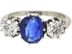 Mid-Century 18ct White Gold Unheated Burma Sapphire & Diamond Three Stone Ring -Antique Jewellery Company DSC01473 scaled 1