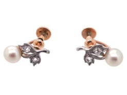 Edwardian Natural Pearl & Diamond Screw On Earrings 13 Edwardian Natural Pearl & Diamond Screw On Earrings -Antique Jewellery Company DSC01492