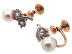 Edwardian Natural Pearl & Diamond Screw On Earrings 14 Edwardian Natural Pearl & Diamond Screw On Earrings -Antique Jewellery Company DSC01494