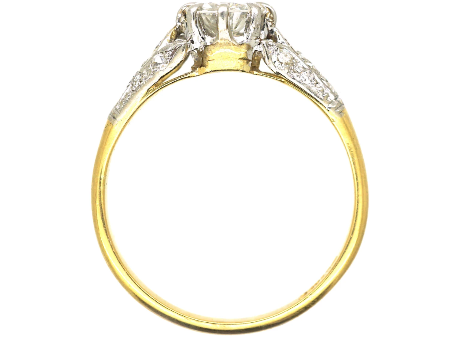 Art Deco 18ct Gold & Platinum, Diamond Solitaire Ring With Diamond Three Leaf Shoulders 5 Art Deco 18ct Gold & Platinum, Diamond Solitaire Ring With Diamond Three Leaf Shoulders - Image 3