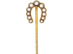 Edwardian 15ct Gold Horseshoe Tie Pin Set With Natural Split Pearls