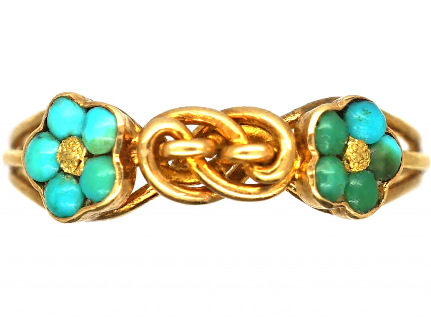 Early 19th Century 18ct Gold, Forget Me Not Double Turquoise Clusters & Lover’s Knot Ring 3 Early 19th Century 18ct Gold, Forget Me Not Double Turquoise Clusters & Lover’s Knot Ring
