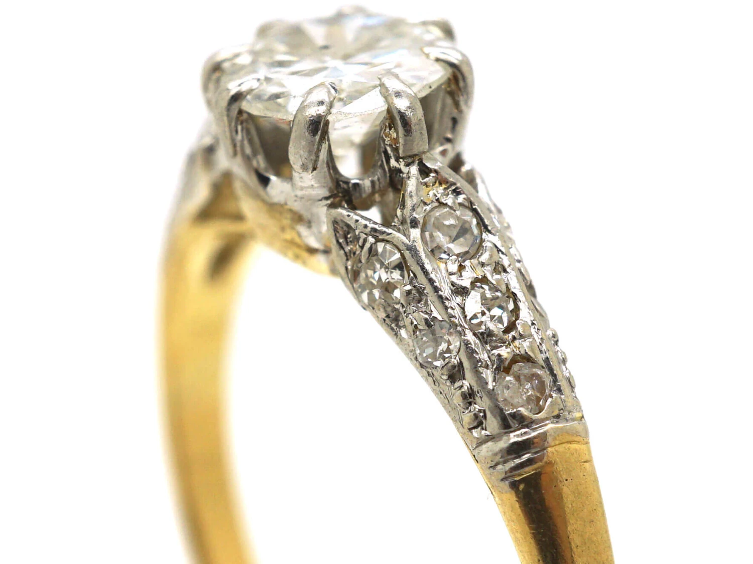 Art Deco 18ct Gold & Platinum, Diamond Solitaire Ring With Diamond Three Leaf Shoulders 4 Art Deco 18ct Gold & Platinum, Diamond Solitaire Ring With Diamond Three Leaf Shoulders - Image 2