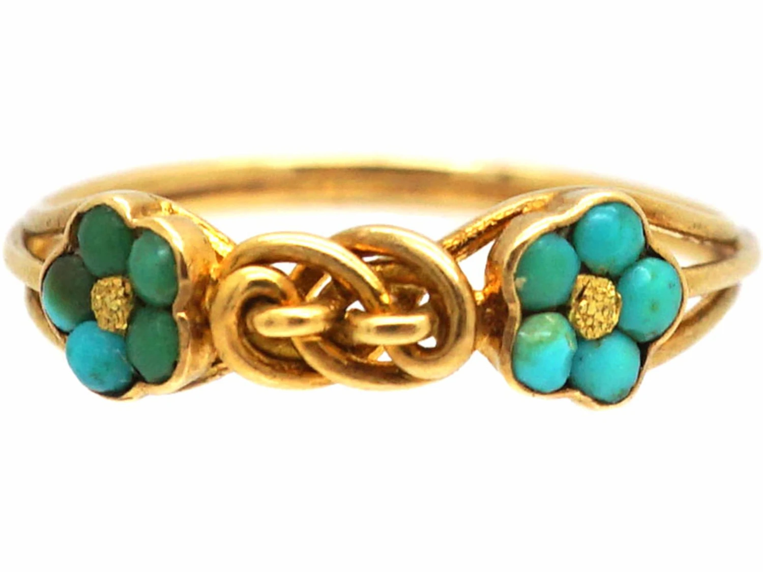 Early 19th Century 18ct Gold, Forget Me Not Double Turquoise Clusters & Lover’s Knot Ring 8 Early 19th Century 18ct Gold, Forget Me Not Double Turquoise Clusters & Lover’s Knot Ring - Image 6