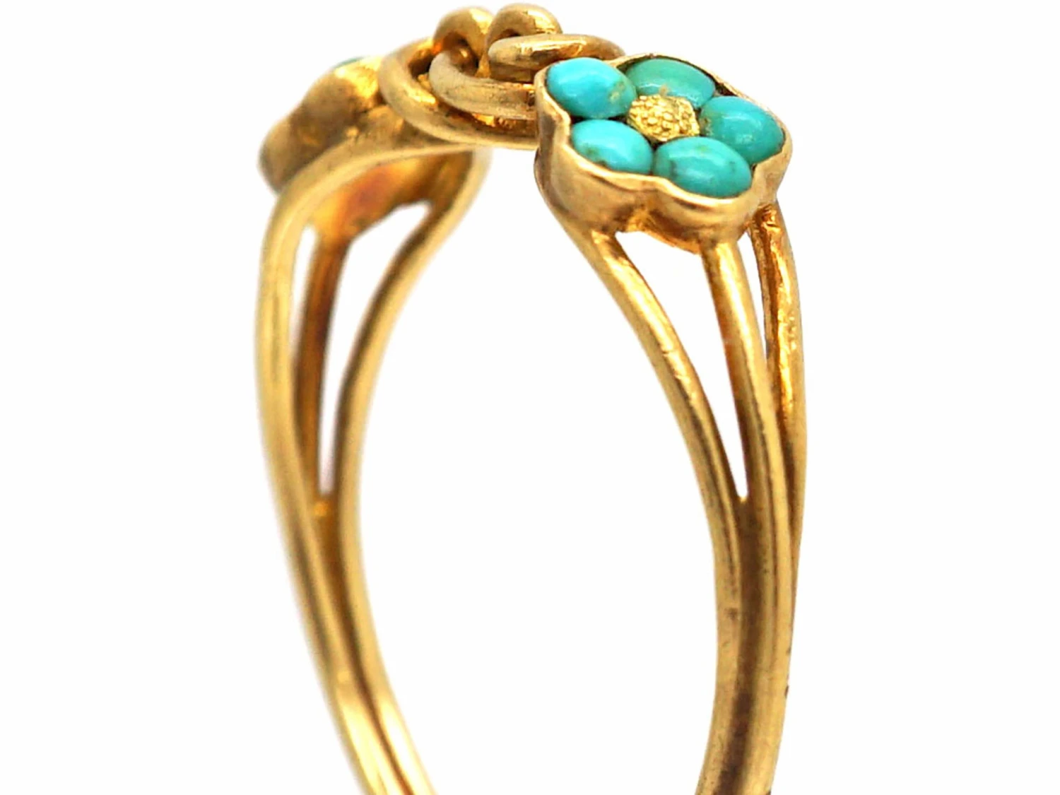 Early 19th Century 18ct Gold, Forget Me Not Double Turquoise Clusters & Lover’s Knot Ring 4 Early 19th Century 18ct Gold, Forget Me Not Double Turquoise Clusters & Lover’s Knot Ring - Image 2