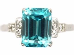 Art Deco 18ct White Gold, Rectangular Cut Zircon Ring With Step Down Shoulders Set With Diamonds