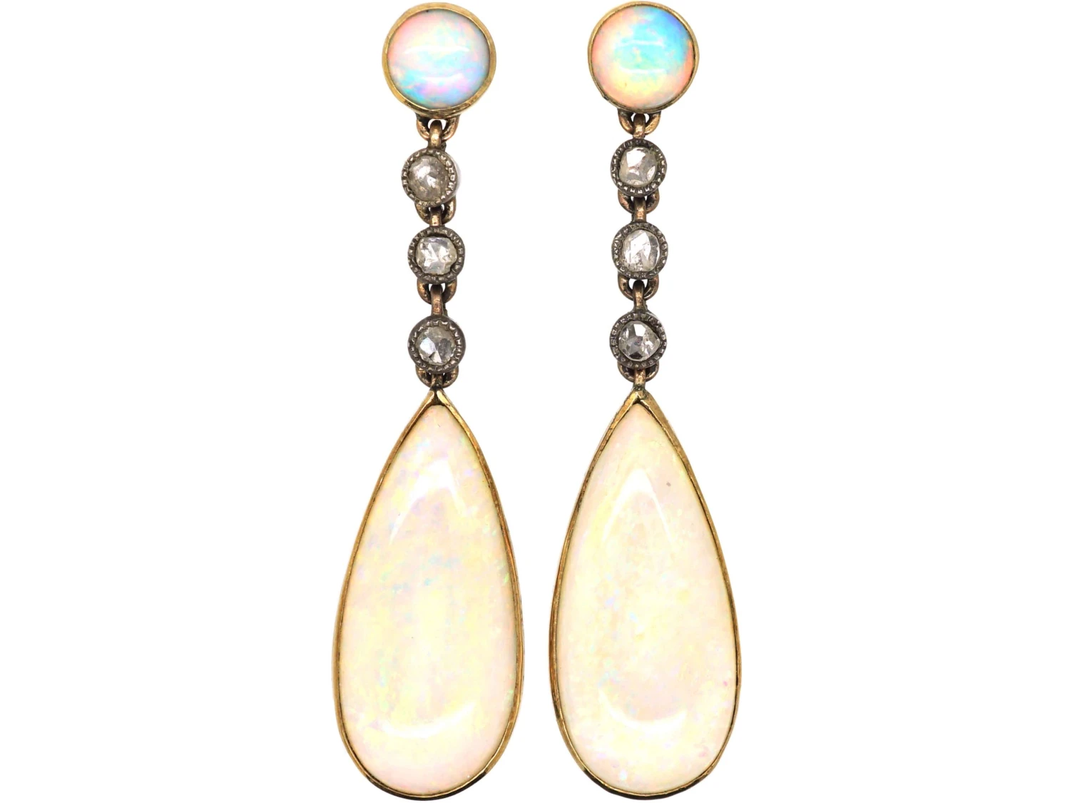 Edwardian 15ct Gold & Silver, Opal & Rose Diamond Drop Earrings 3 Edwardian 15ct Gold & Silver, Opal & Rose Diamond Drop Earrings