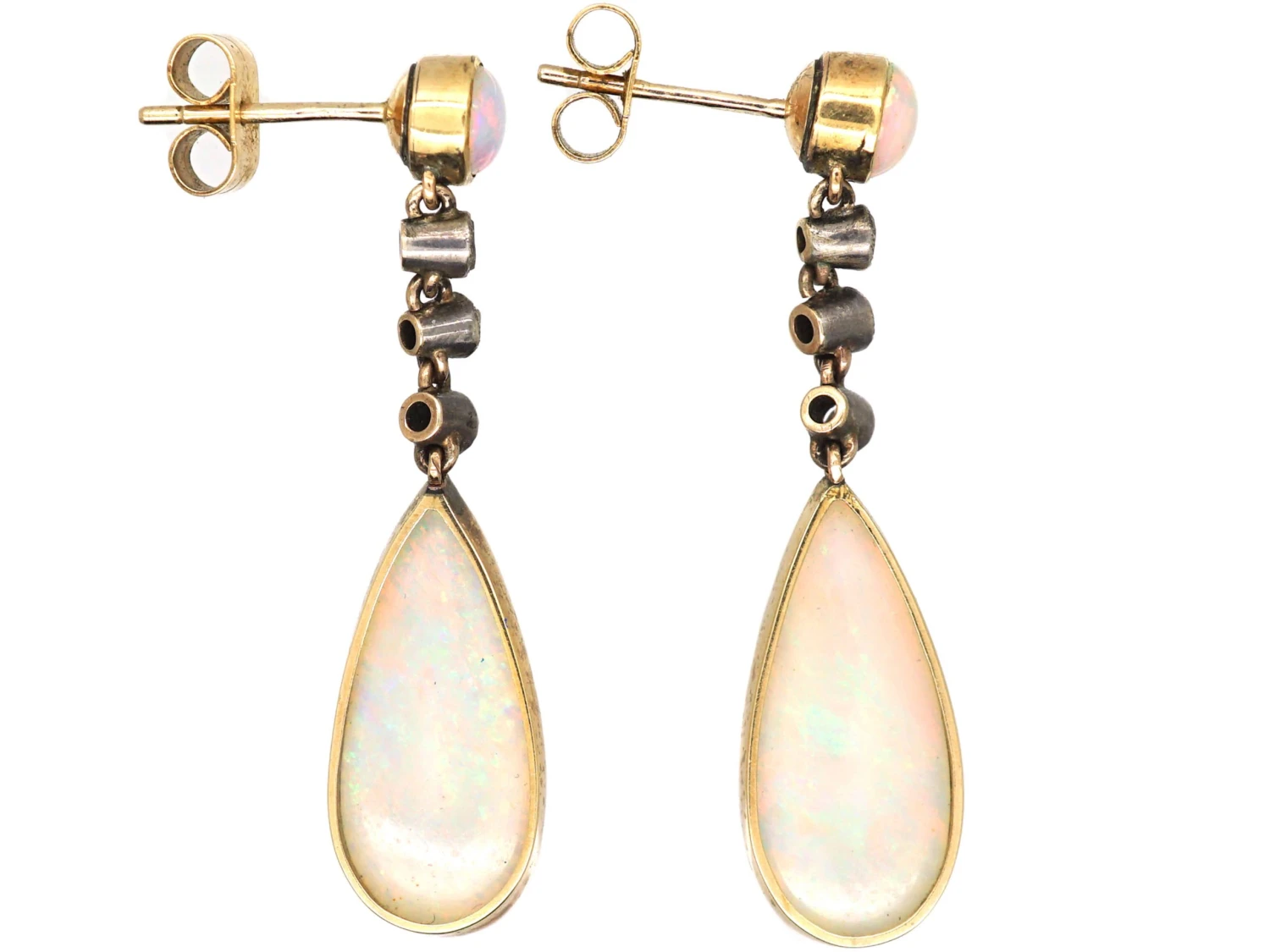 Edwardian 15ct Gold & Silver, Opal & Rose Diamond Drop Earrings 4 Edwardian 15ct Gold & Silver, Opal & Rose Diamond Drop Earrings - Image 2