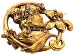 Art Nouveau 18ct Gold & Rose Diamond Brooch Of A Lady With An Iris -Antique Jewellery Company DSC01781 1