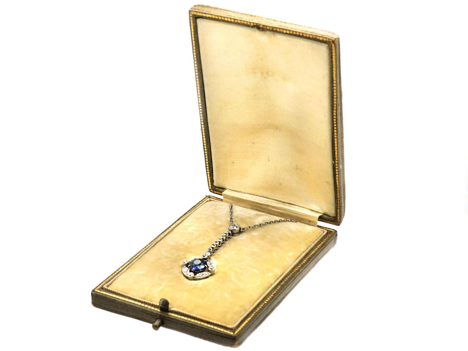 Edwardian Platinum, Diamond & Sapphire Drop Necklace In Original Case 6 Edwardian Platinum, Diamond & Sapphire Drop Necklace In Original Case - Image 4