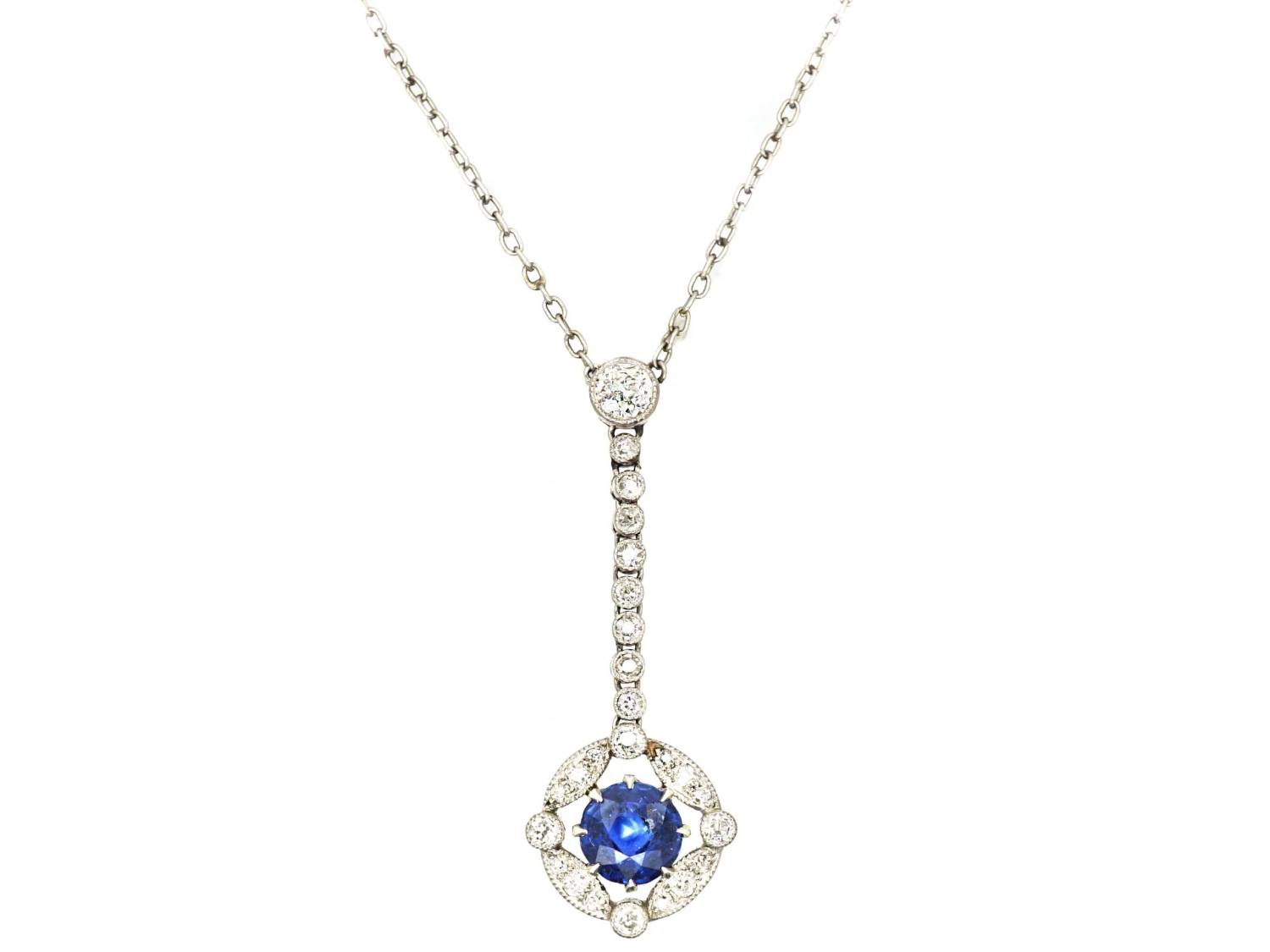 Edwardian Platinum, Diamond & Sapphire Drop Necklace In Original Case 3 Edwardian Platinum, Diamond & Sapphire Drop Necklace In Original Case