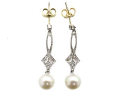 Edwardian Platinum, Diamond & Pearl Drop Earrings