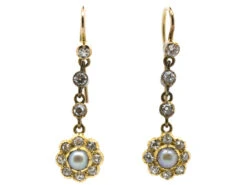 Victorian 18ct Gold Diamond & Natural Split Pearl Drop Earrings
