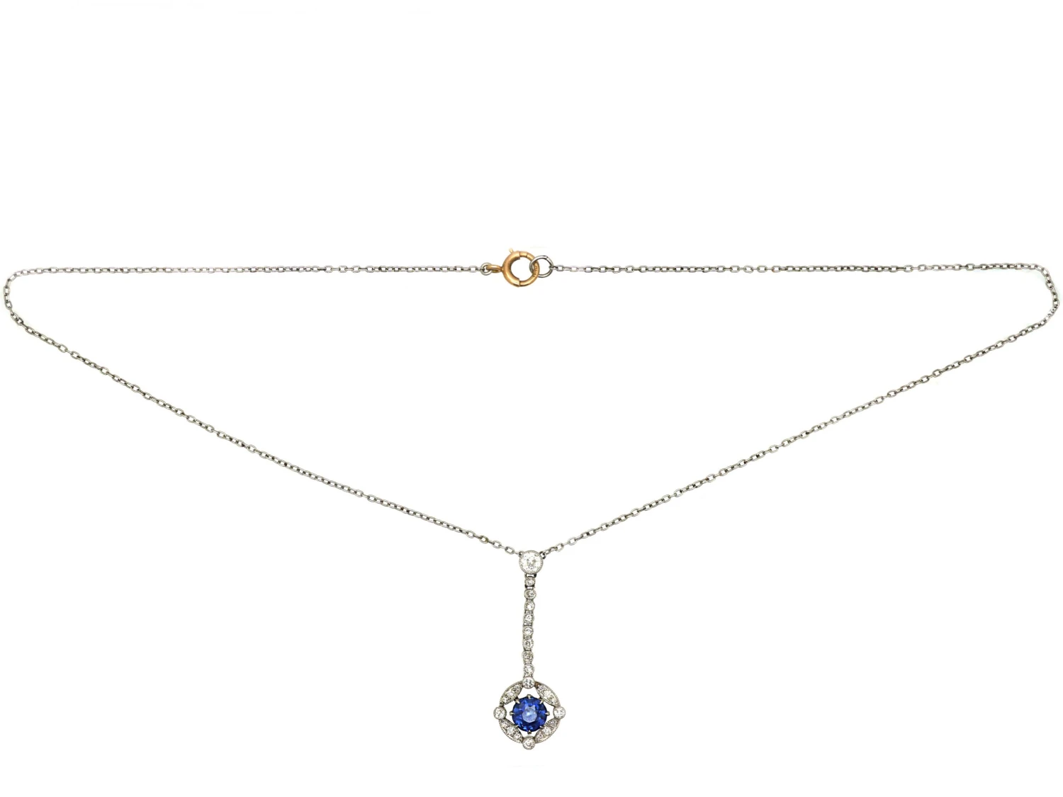 Edwardian Platinum, Diamond & Sapphire Drop Necklace In Original Case 4 Edwardian Platinum, Diamond & Sapphire Drop Necklace In Original Case - Image 2