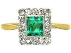 Art Deco 18ct Gold & Platinum, Emerald & Diamond Rectangular Shaped Ring