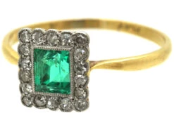 Art Deco 18ct Gold & Platinum, Emerald & Diamond Rectangular Shaped Ring -Antique Jewellery Company DSC01915