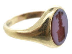 9ct Gold & Carnelian Intaglio Of A Crest Signet Ring -Antique Jewellery Company DSC01929